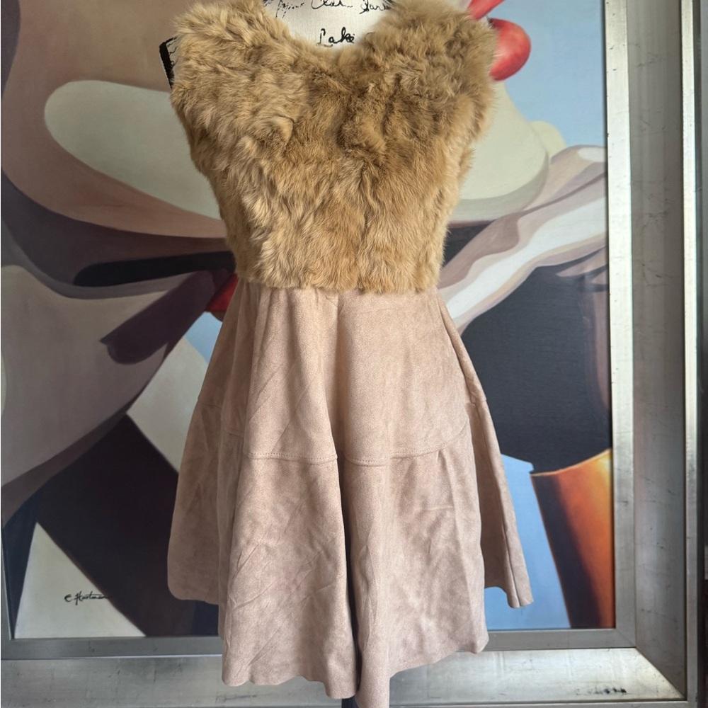 Faux Fur Bodice Mini Dress in Tan and Cream